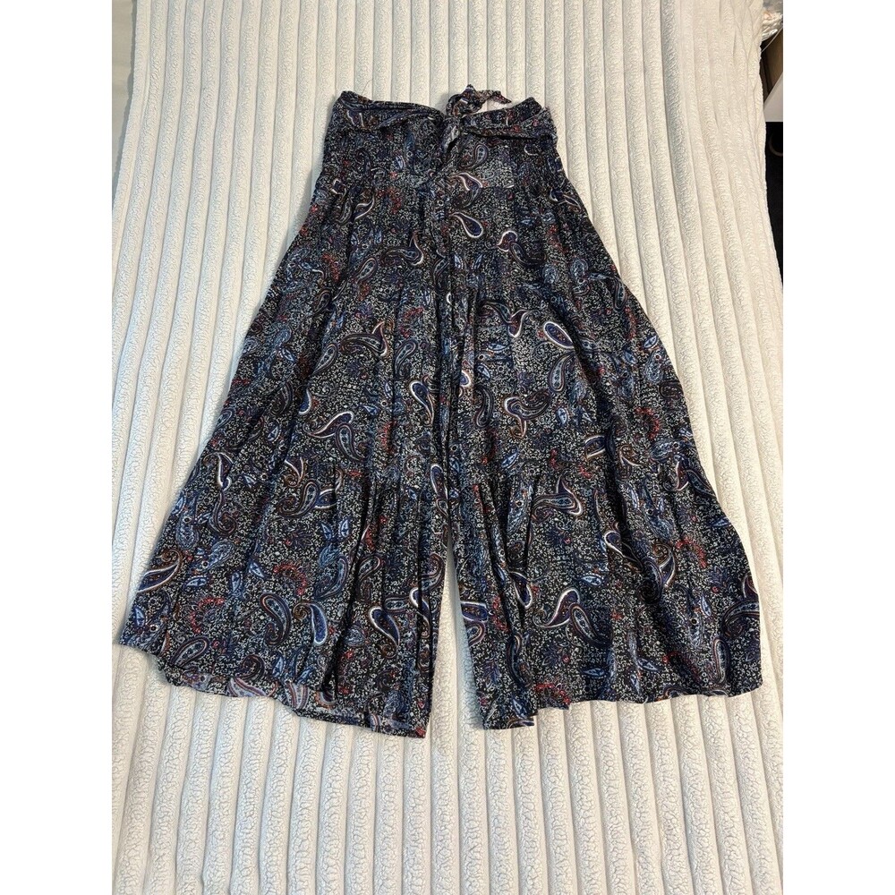 Anandas Utlra Wide Leg Tie Waist Paisley Palazzo Pants Womens Medium Navy Blue